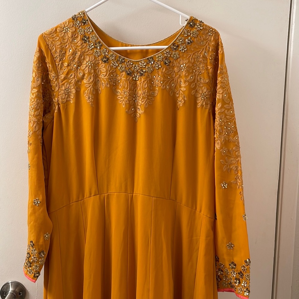 Lashkaraa mustard and peach churidar, anarkali, and chunni/dupatta